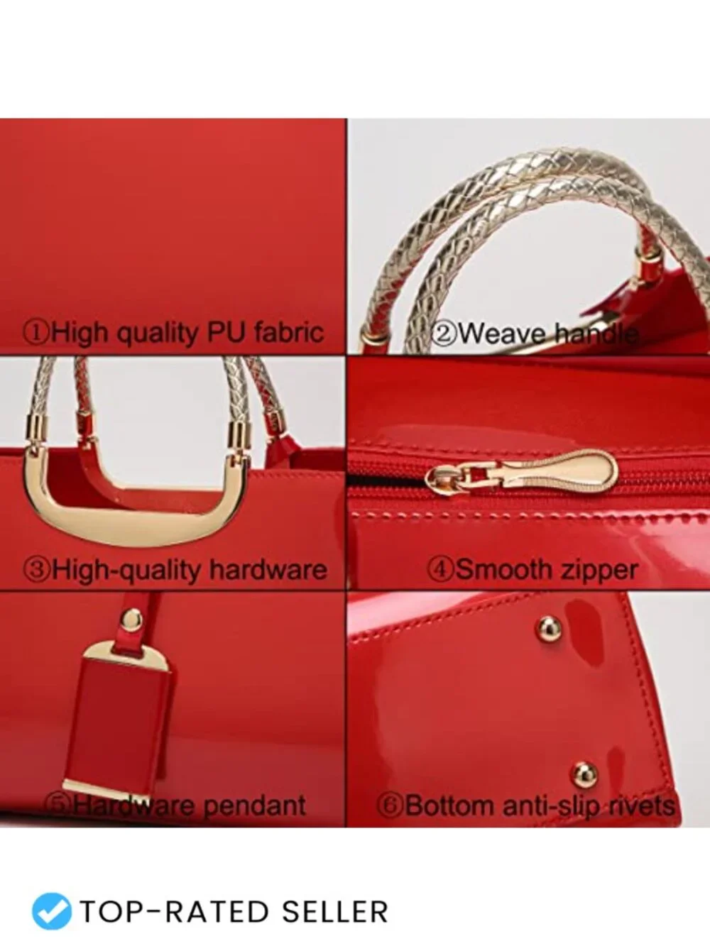 Faux Patent Leather Top-Handle Satchel Tote Structured Shoulder Bag Evening
